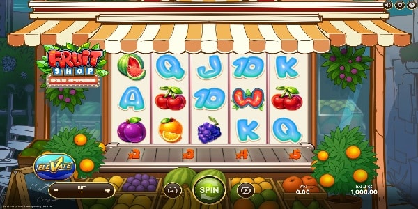 Fruit Shop Grand Re-Opening Slot Game | NetEnt – Weekly Review Fruit Shop Grand Re-Opening slot reels showing fruit, card and wild symbols on a colourful fruit shop game screen.