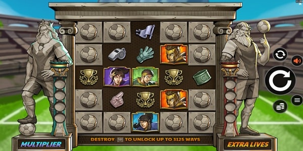 Goals of Olympus BoltLock Slot Game | Yggdrasil – Weekly Review Goals of Olympus BoltLock slot reels showing football, trophy, whistle, goalkeeper glove and Greek god character symbols in a stadium setting.