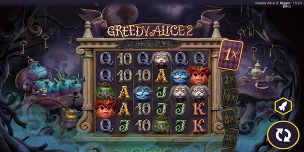 Greedy Alice 2: Bigger Bites Slot Game | Peter & Sons – Weekly Review Greedy Alice 2: Bigger Bites slot reels showing monster character, card and multiplier symbols in a dark fantasy forest game screen.