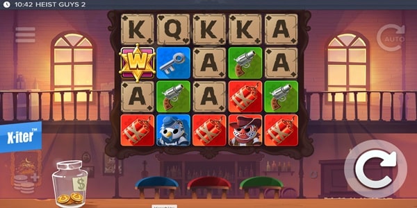Heist Guys 2 Slot Game | ELK Studios – Weekly Review Heist Guys 2 slot reels showing card, key, revolver, dynamite, wild sheriff badge and masked character symbols inside a saloon.