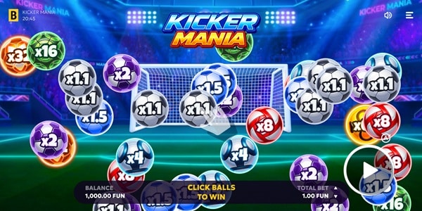 Kicker Mania Casual Game | BGaming – Weekly Review Kicker Mania casual game screen showing multiplier footballs in front of a goal on a stadium background.