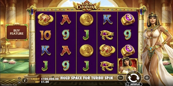 Luxor Cleopatra Slot Game | Pragmatic Play – Weekly Review Luxor Cleopatra slot reels showing Egyptian coin, ring, eye, card and character symbols with Cleopatra beside the game grid.