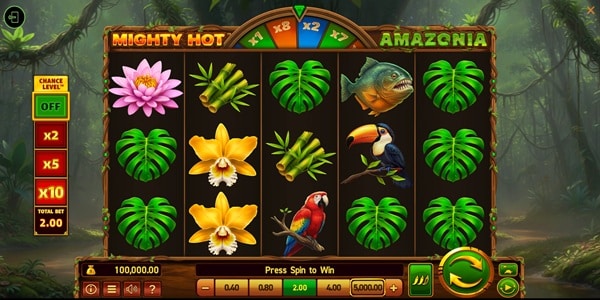 Mighty Hot Amazonia Slot Game | Wazdan – Weekly Review Mighty Hot Amazonia slot reels showing tropical flower, leaf, bamboo, toucan, parrot and fish symbols on a rainforest-themed game screen.