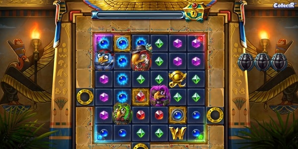 Pirots 5 Slot Game | ELK Studios – Weekly Review Pirots 5 slot reels showing colourful gem, bird character, scarab, wild and bomb symbols on an Egyptian-themed game screen.