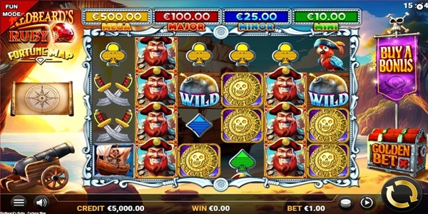 Redbeard’s Ruby – Fortune Map Slot Game | Reflex Gaming – Weekly Review Redbeard's Ruby – Fortune Map slot reels showing pirate, parrot, ship, sword, card suit, gold coin and wild cannon symbols on a pirate-themed game screen.