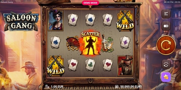 Saloon Gang Slot Game | TrueLab – Weekly Review Saloon Gang slot reels showing playing card, wild, scatter, cash and outlaw character symbols inside a Western saloon.