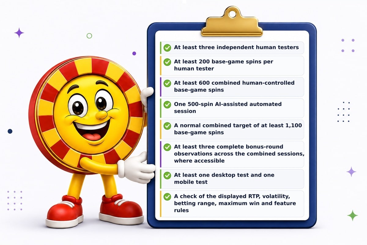 Casinoplusbonus chip mascot holding a clipboard checklist of the minimum slot testing standards, covering human testers, spin counts, AI testing, bonus rounds, devices and game information checks.