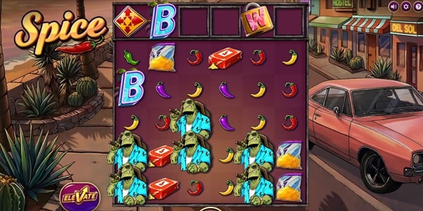 Spice Slot Game | NetEnt – Weekly Review Spice slot reels showing chilli pepper, spice packet, letter and character symbols on a desert town-themed game screen.