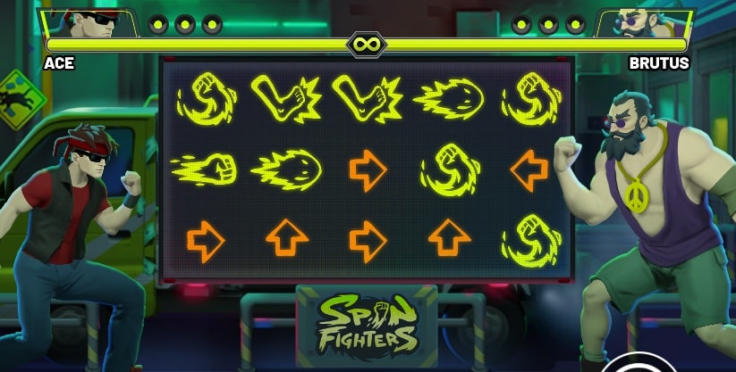 Spin Fighters Slot Game | R. Franco – Weekly Review Spin Fighters slot reels showing neon fist, fireball and arrow symbols between two fighting game characters on an arcade-style game screen.