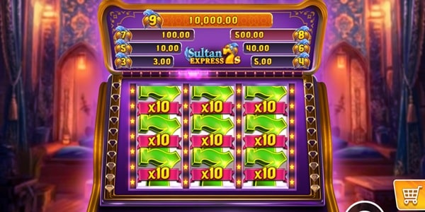 Sultan Express 7s Slot Game | Kalamba Games – Weekly Review Sultan Express 7s slot reels showing green 7 symbols with x10 multipliers, prize values above the reels and a palace-themed background.