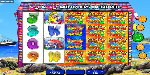Super Sally's Shrimpmania 2 Slot Game | King Show Games – Weekly Review Super Sally's Shrimpmania 2 slot reels showing stacked shrimp symbols, sea character symbols and card symbols on a beach-themed game screen.