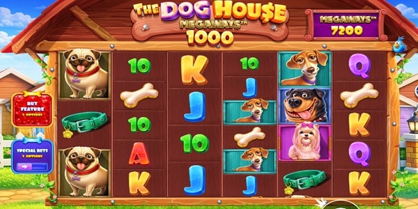 The Dog House Megaways Slot Game | Pragmatic Play – Weekly Review The Dog House Megaways slot reels showing dog, bone, collar and card symbols on a colourful dog house-themed game screen.