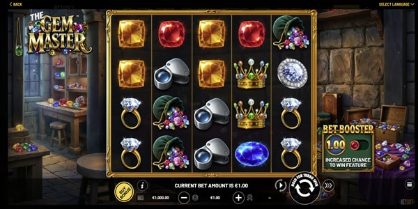 The Gem Master Slot Game | Betsoft – Weekly Review The Gem Master slot reels showing gem, ring, crown, hat and handcuff symbols with a bet booster panel beside the game grid.
