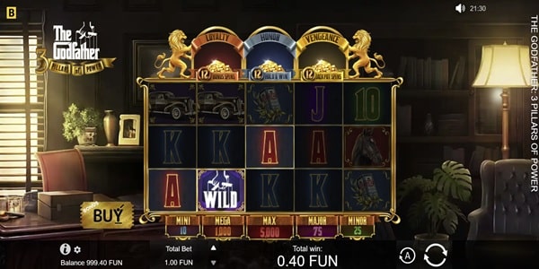 The Godfather: 3 Pillars of Power Slot Game | BGaming – Weekly Review The Godfather: 3 Pillars of Power slot reels showing card, car, horse, wild and cash symbols with jackpot values below the game grid.