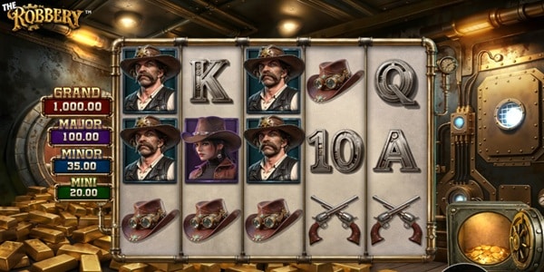 The Robbery Slot Game | Betsoft – Weekly Review The Robbery slot reels showing outlaw character, hat, revolver, card and jackpot symbols inside a bank vault-themed game screen.