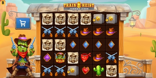 Train Heist Johnny Cash Slot Game | BGaming – Weekly Review Train Heist Johnny Cash slot reels showing cowboy cactus, pistol, wanted poster, money bag, card suit and wild symbols on a Western train-themed game screen.