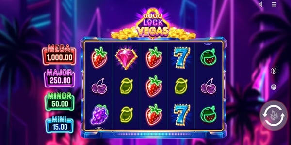 Viva Lock Vegas Slot Game | Push Gaming – Weekly Review Viva Lock Vegas slot reels showing neon fruit, gem, 7 and jackpot symbols on a Las Vegas-themed game screen.