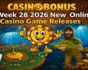Casinoplusbonus Week 28 2026 new online casino game releases banner featuring a roulette table, casino chip mascot, fisherman holding a fish, dragon, and stacks of gold coins.