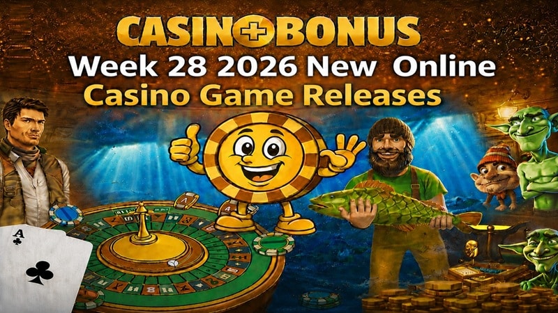 Casinoplusbonus Week 28 – April 2026 New Online Casino Games Review Casinoplusbonus Week 28 2026 new online casino game releases banner featuring a roulette table, casino chip mascot, fisherman holding a fish, dragon, and stacks of gold coins.