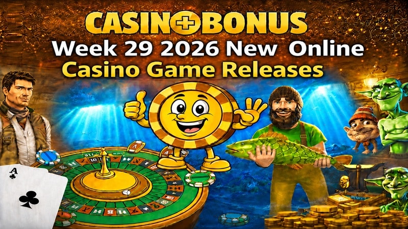 Casinoplusbonus Week 29 – April 2026 New Online Casino Games Review Casinoplusbonus Week 29 2026 new online casino game releases banner featuring a roulette table, casino chip mascot, fisherman holding a fish, dragon, and stacks of gold coins.