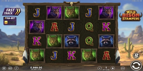 Wild Bison Stampede Slot Game | Slotmill – Weekly Review Wild Bison Stampede slot reels showing wolf, lynx, raccoon and card symbols on a desert canyon-themed game screen.