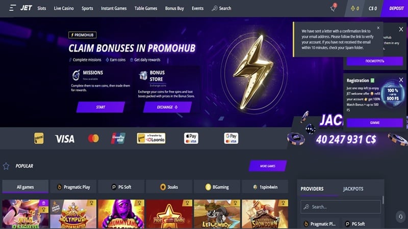 Jet Casino Homepage Image
