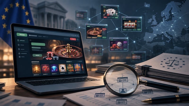 Illustration of online casino websites linked by a digital network, with European gambling regulators investigating the Soft2bet Files.