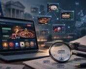 Illustration of online casino websites linked by a digital network, with European gambling regulators investigating the Soft2bet Files