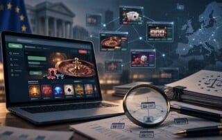 Illustration of online casino websites linked by a digital network, with European gambling regulators investigating the Soft2bet Files
